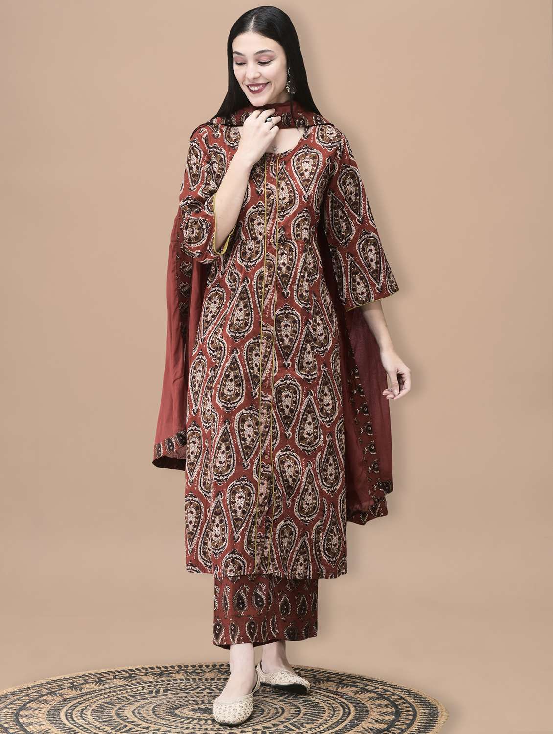 women printed three quarter sleeve kurta pant with dupatta set - 22070850 - Standard Image - 2