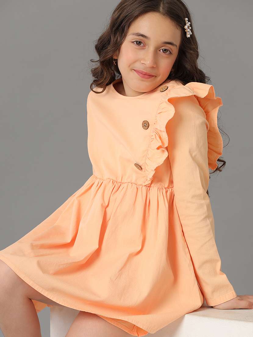 girls solid long sleeve fit & flare dress