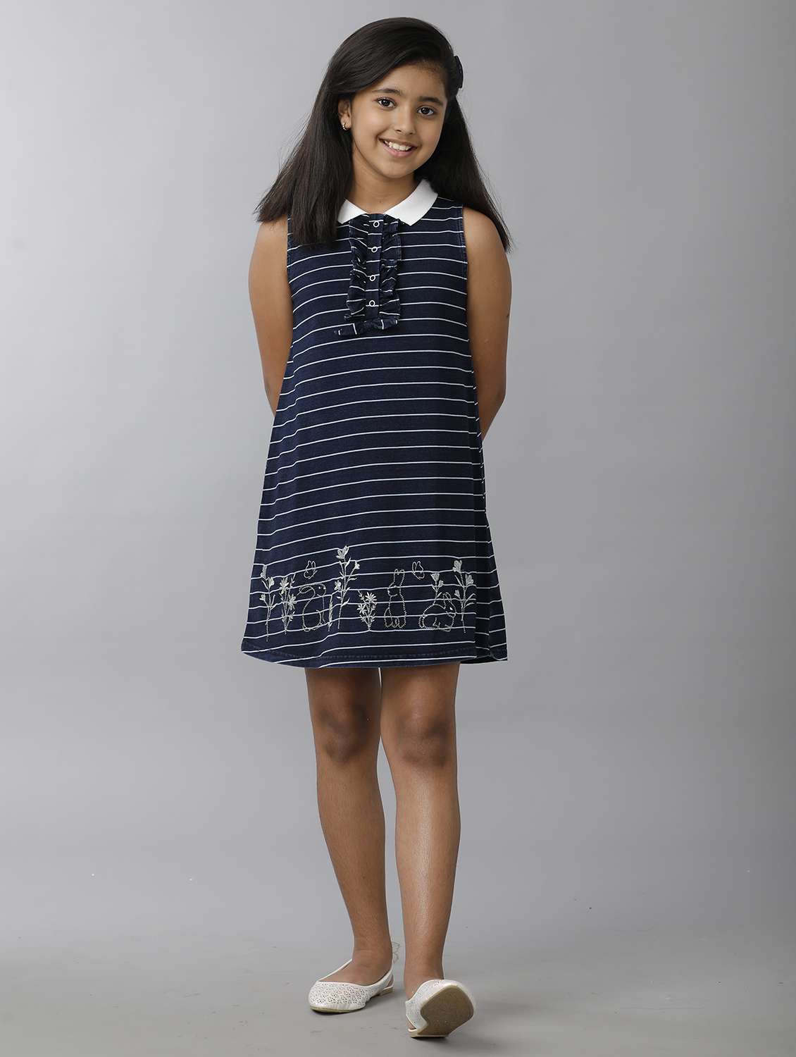 girls striped sleeveless collared a-line dress