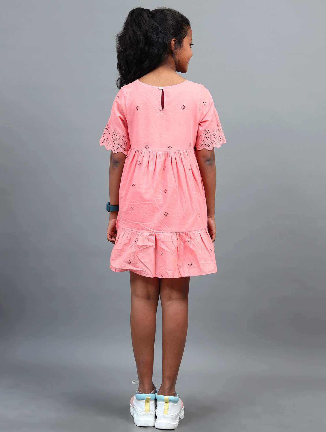girls solid short sleeve schiffli tiered dress - 22071068 -  Standard Image - 2