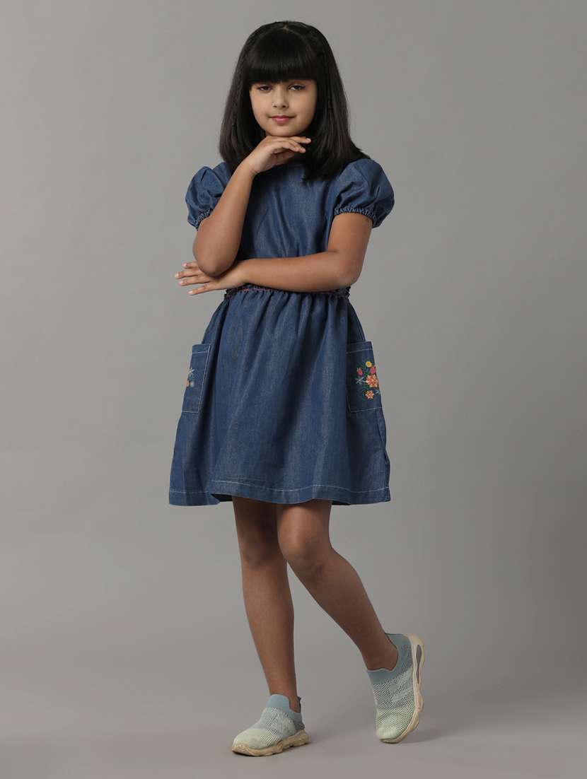 girls solid puff sleeve denim fit & flare dress