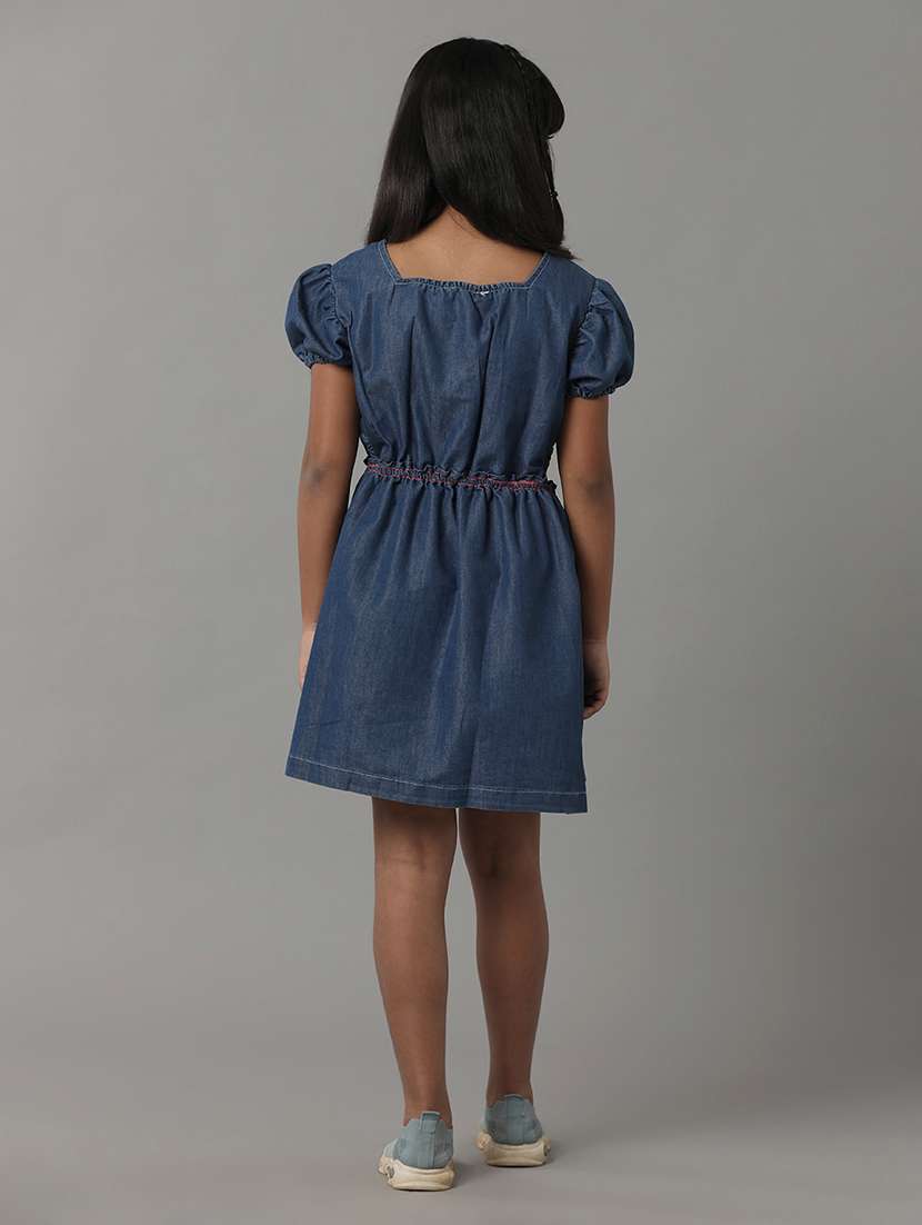 girls solid puff sleeve denim fit & flare dress - 22071076 - Standard Image - 2