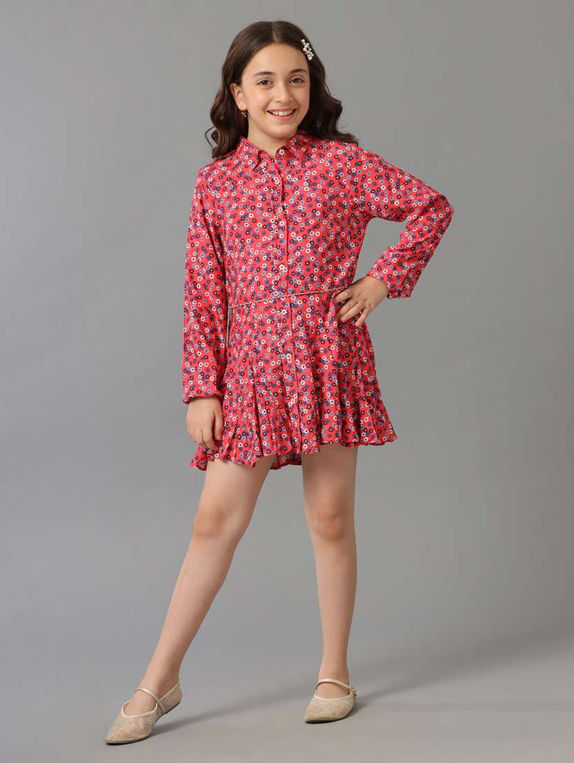 girls printed collared long sleeve tiered dress - 22071097 -  Standard Image - 2