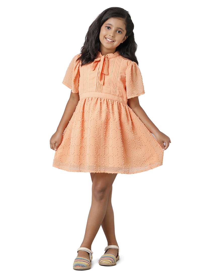girls solid puff sleeve schiffli fit & flare dress - 22071106 - Standard Image - 2