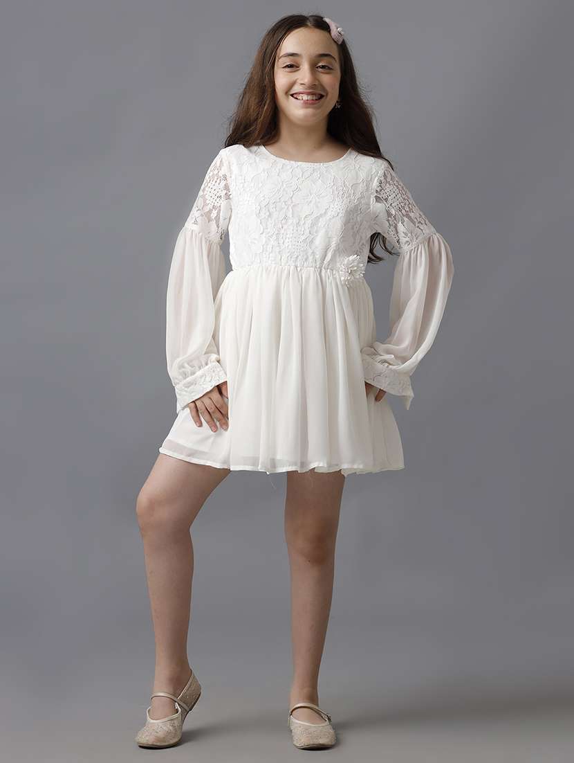 girls solid puff sleeve fit & flare dress