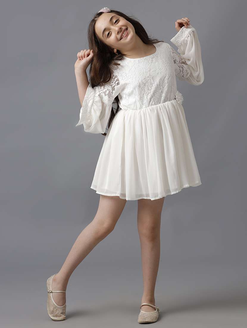 girls solid puff sleeve fit & flare dress - 22071112 - Standard Image - 2