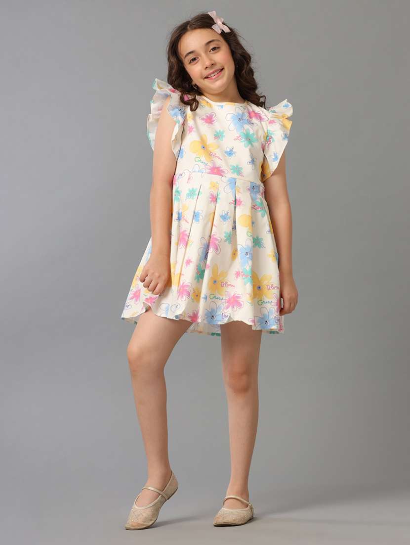 girls printed ruffled sleeve fit & flare dress