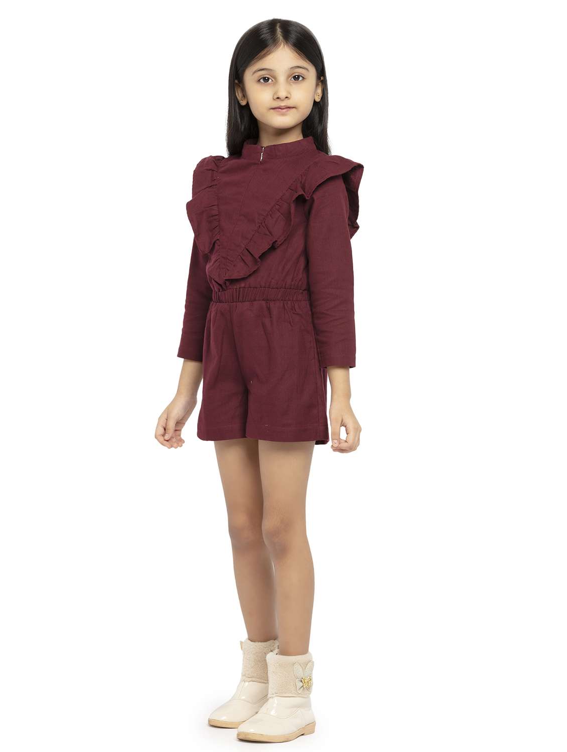 girls maroon solid long sleeve playsuit - 22071115 -  Standard Image - 2