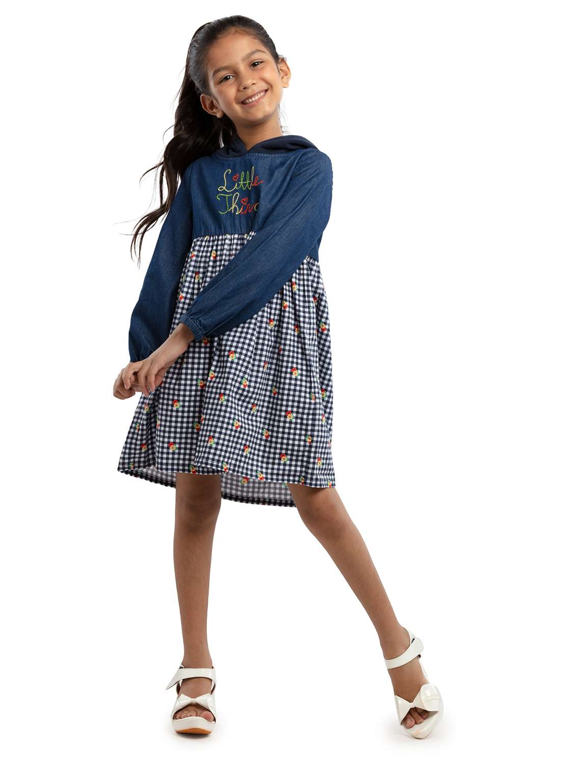 girls checkered long sleeve hooded fit & flare dress - 22071132 - Standard Image - 2