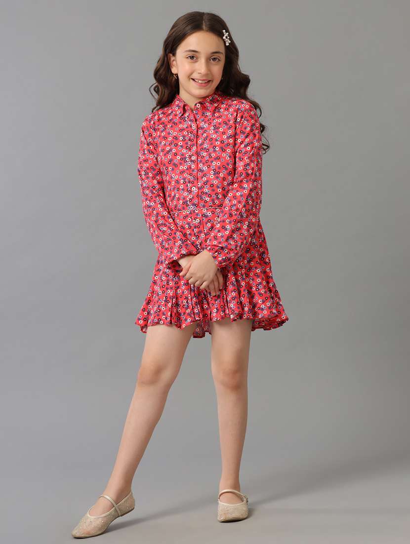 girls printed long sleeve collared fit & flare dress - 22071144 - Standard Image - 2