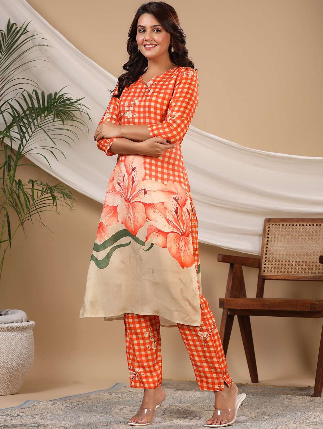 women printed three quarter sleeve kurta pant set - 22071164 - Standard Image - 2