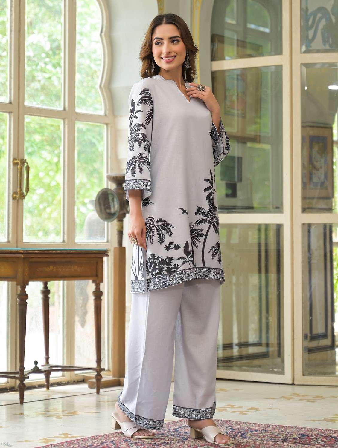 women three quarter sleeve ethnic co-ord set - 22071169 - Standard Image - 2
