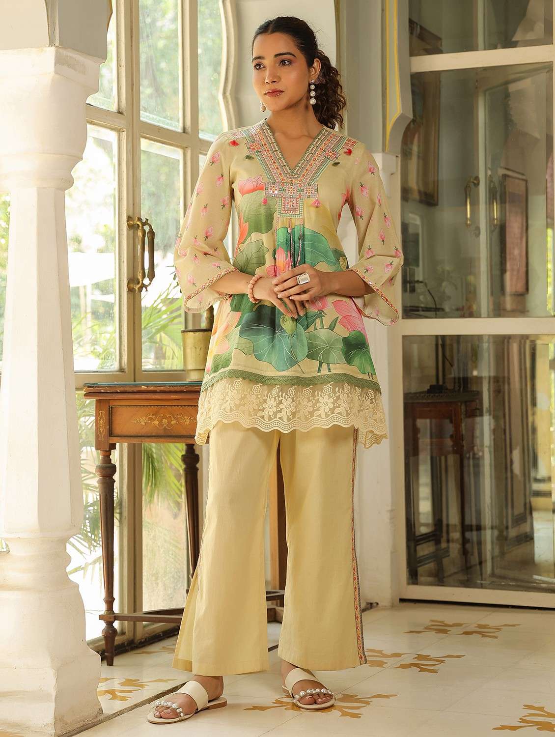 women printed three quarter sleeve ethnic co-ord set