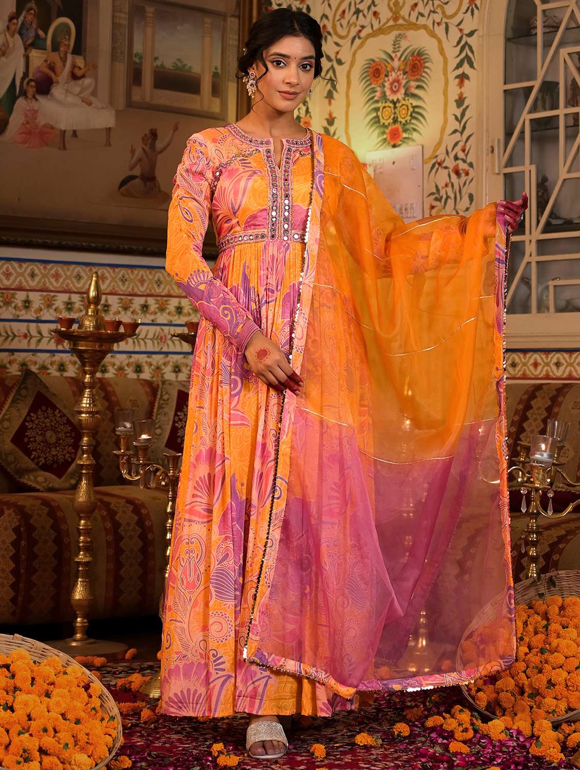 women floral print long sleeve anarkali kurta and dupatta set