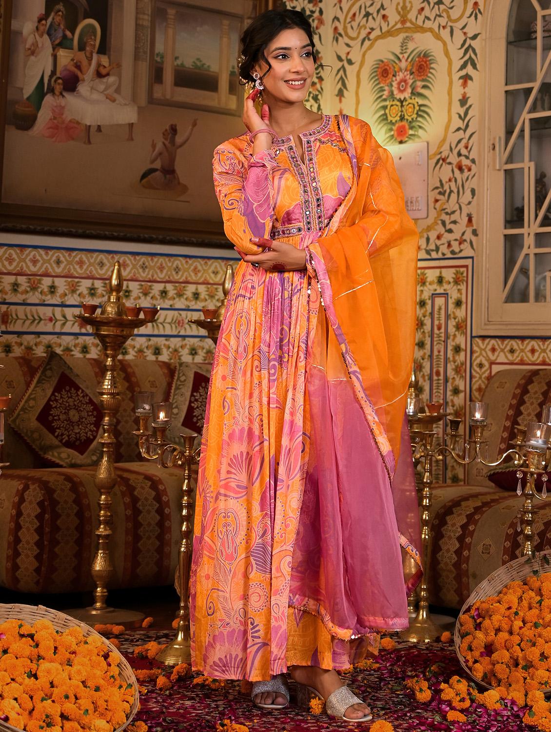 women floral print long sleeve anarkali kurta and dupatta set - 22071177 - Standard Image - 2