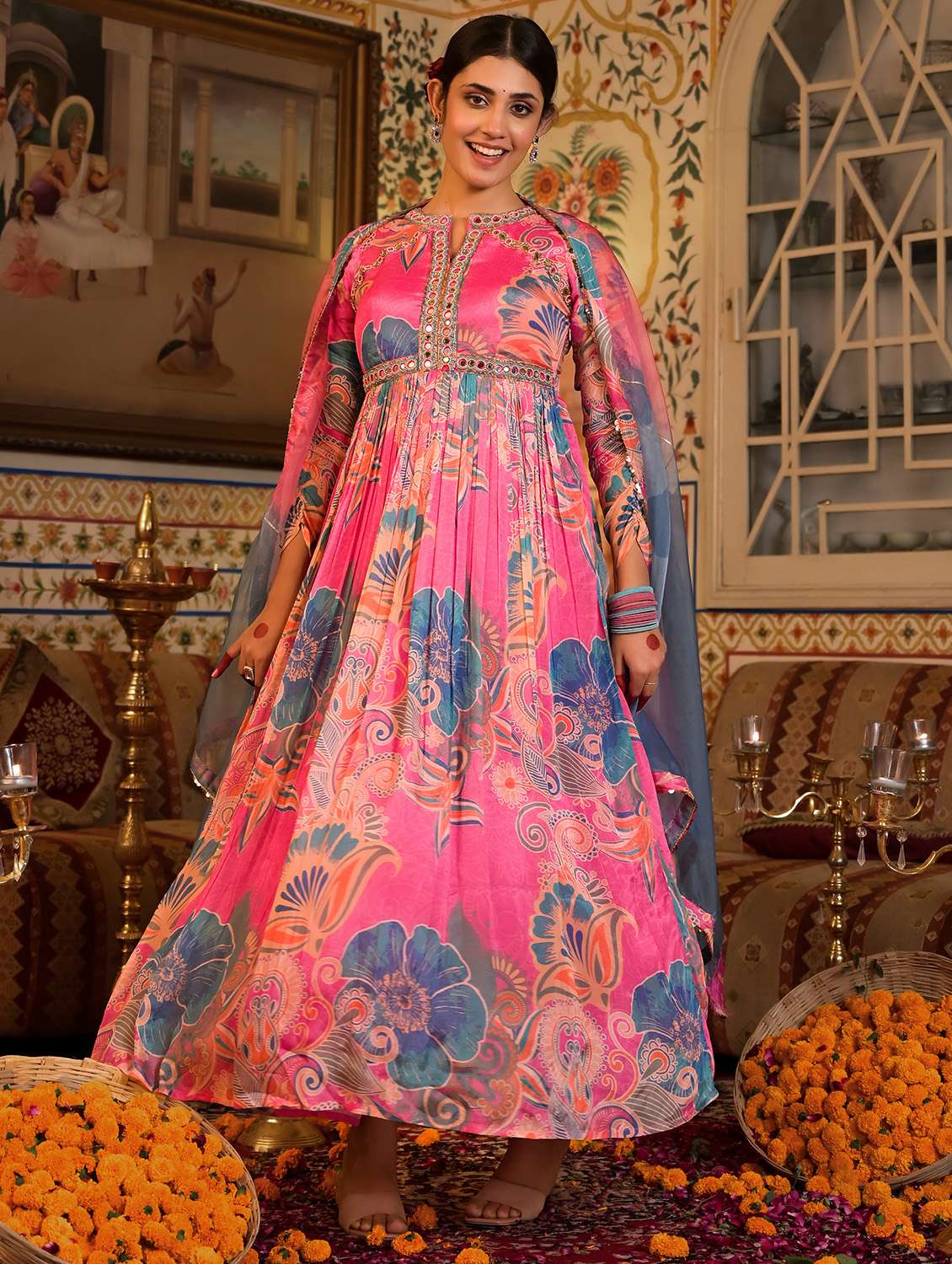 women printed long sleeve anarkali and dupatta set - 22071178 -  Zoom Image - 0