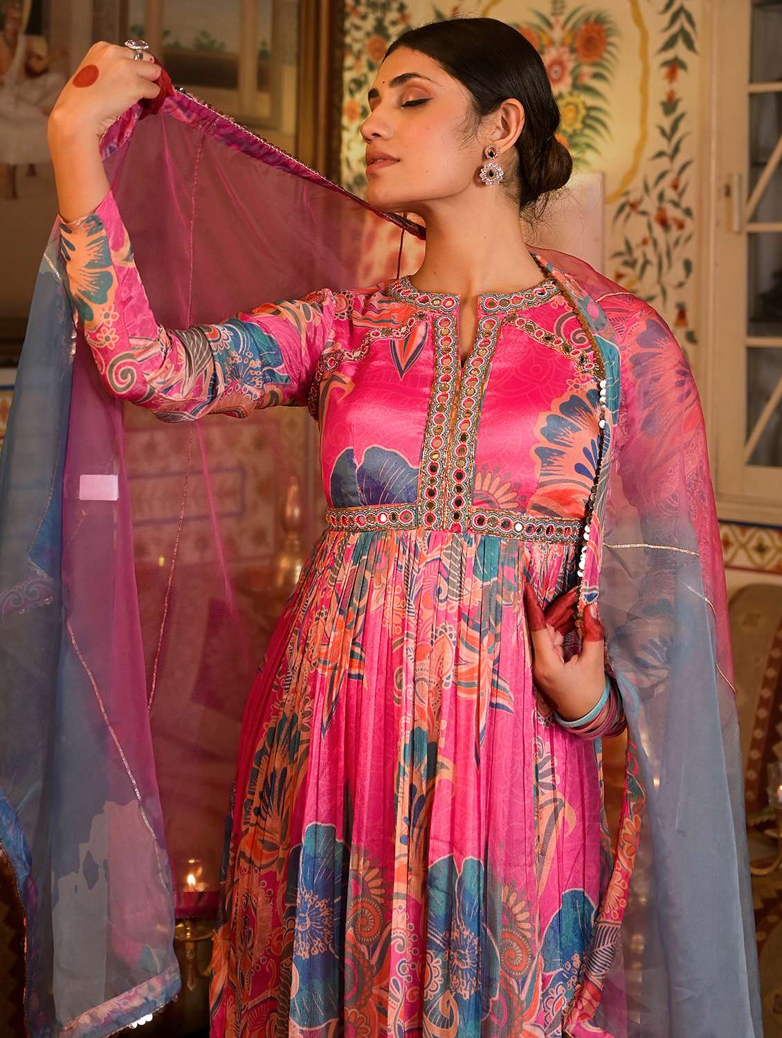 women printed long sleeve anarkali and dupatta set - 22071178 - Standard Image - 2
