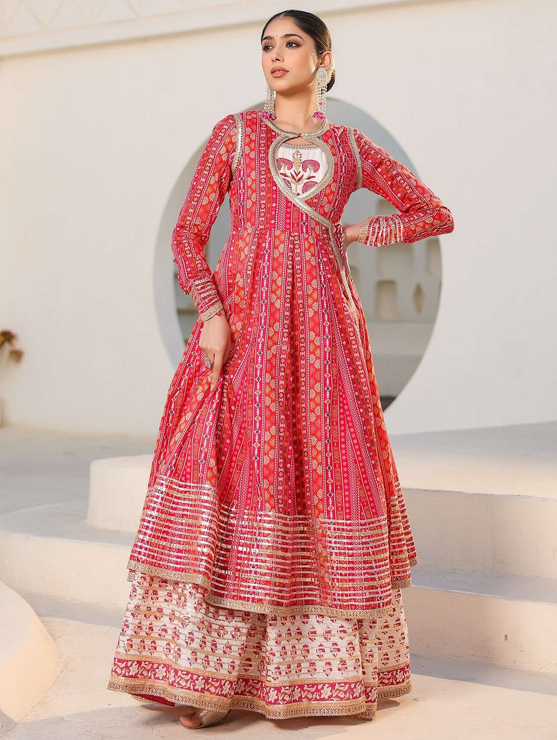 women printed long sleeve anarkali ethnic gown