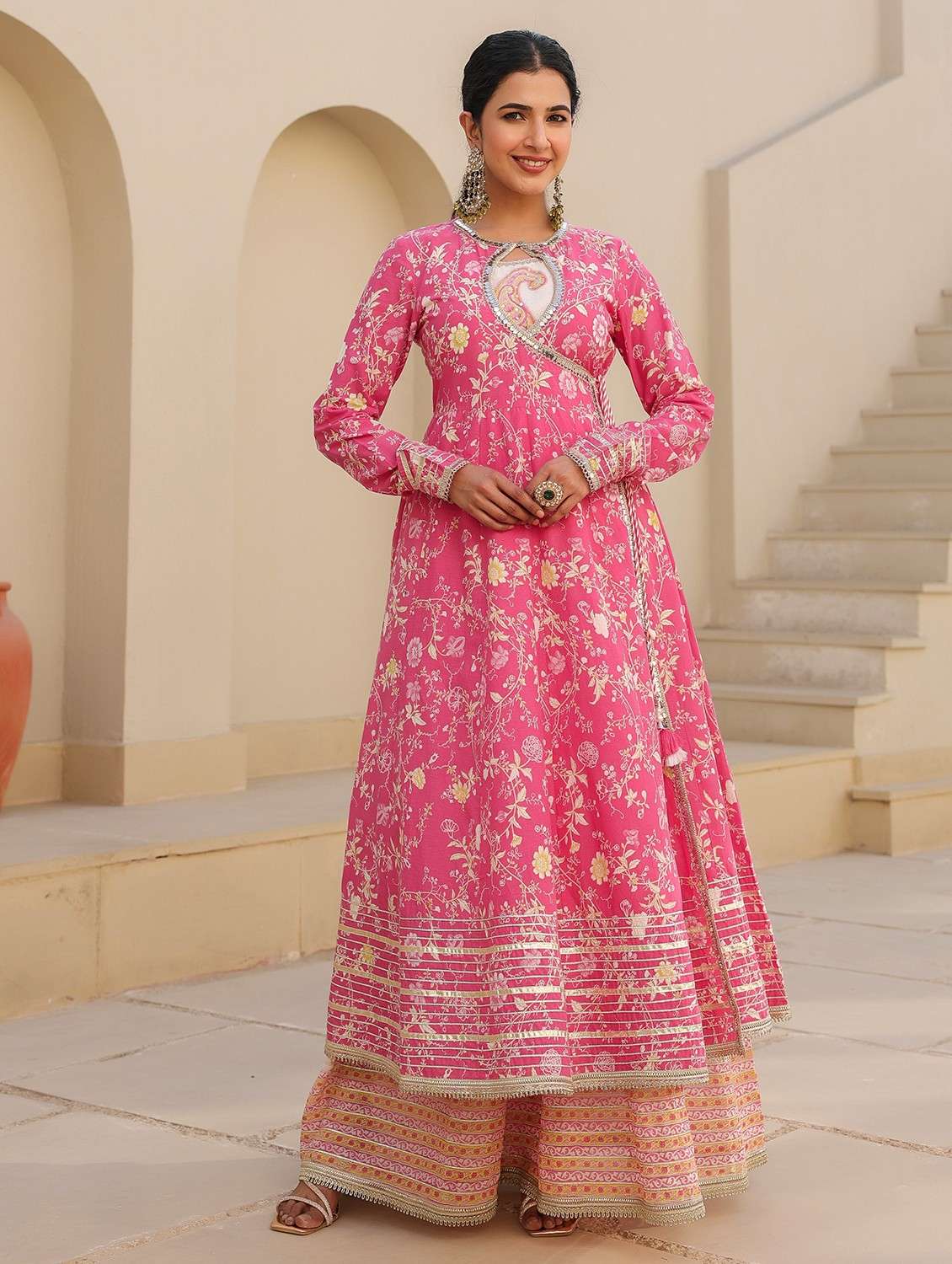 women floral printed long sleeve fit & flare ethnic gown