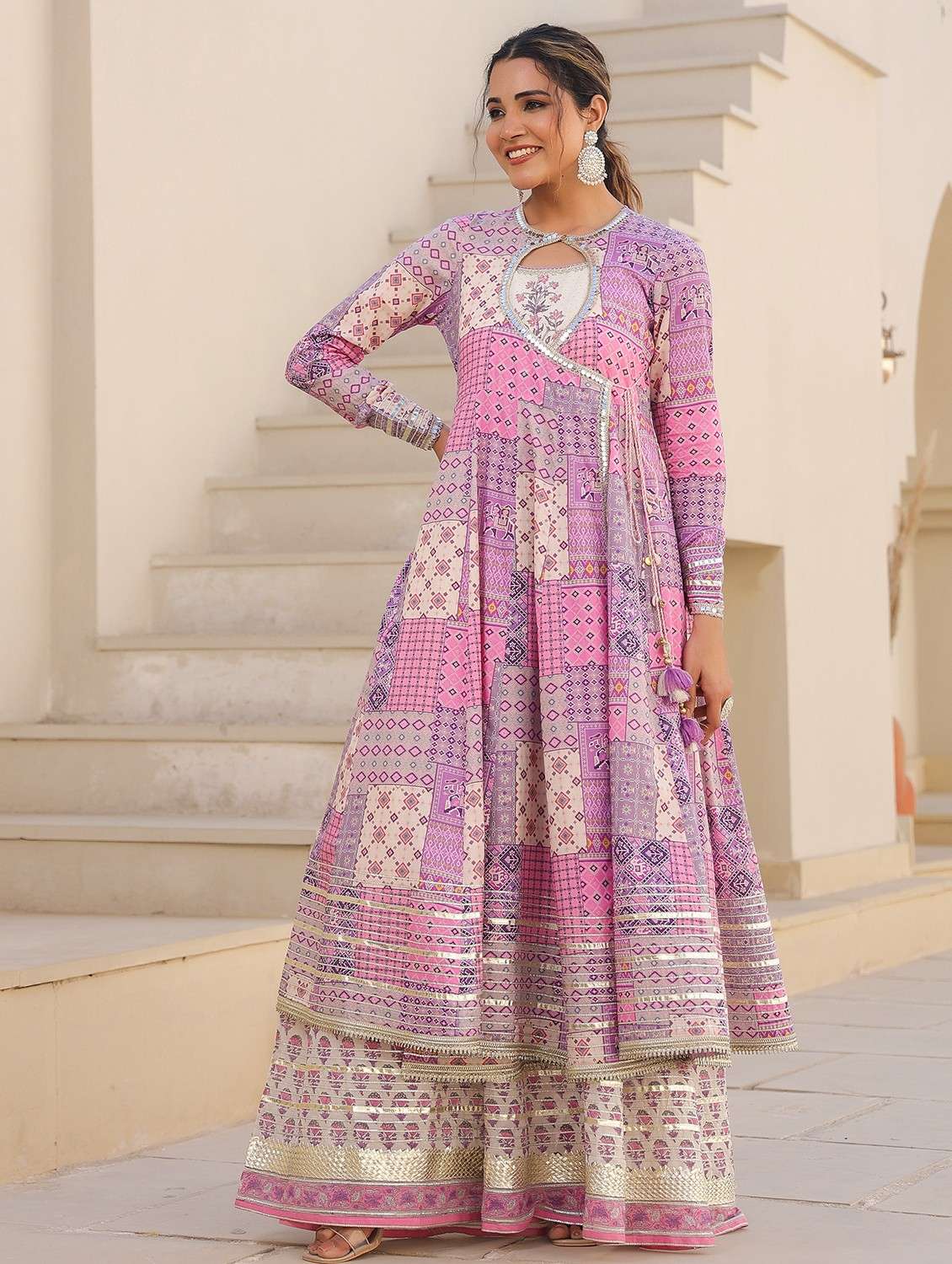women printed long sleeve anarkali ethnic gown