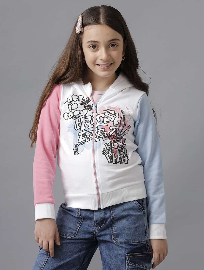 girls color blocked long sleeve hooded regular jacket