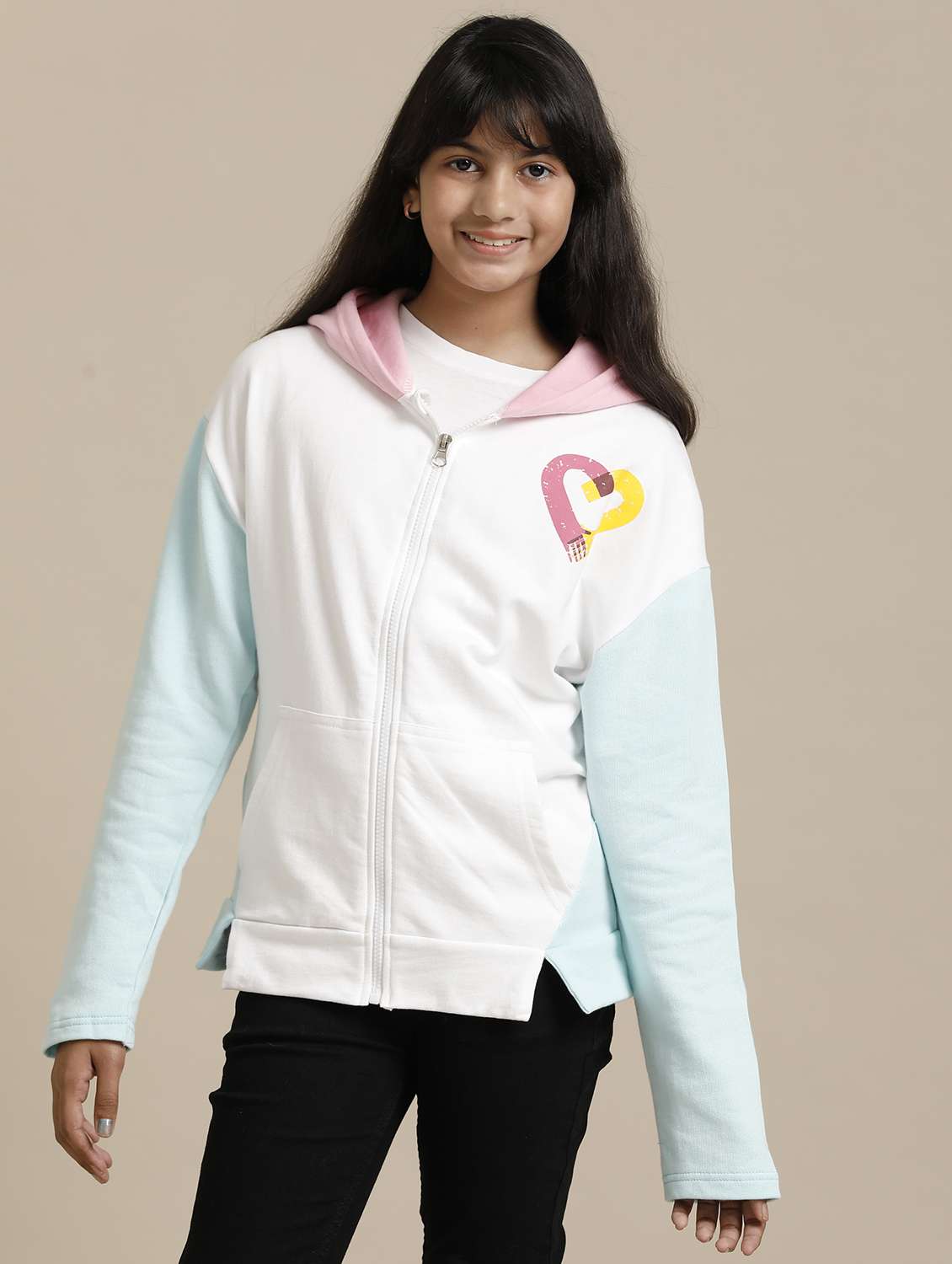 girls color blocked long sleeve hooded regular jacket - 22071205 - Standard Image - 2