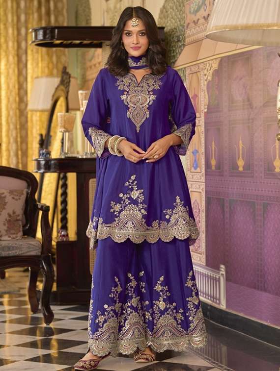 women three quarter sleeve kurta sharara with dupatta set