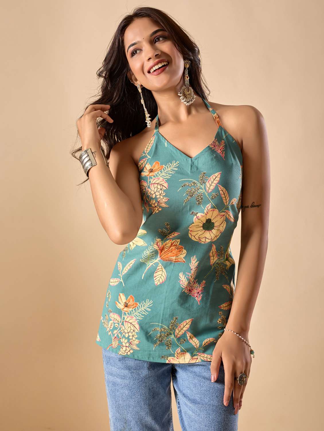 women floral printed halter neck ethnic top