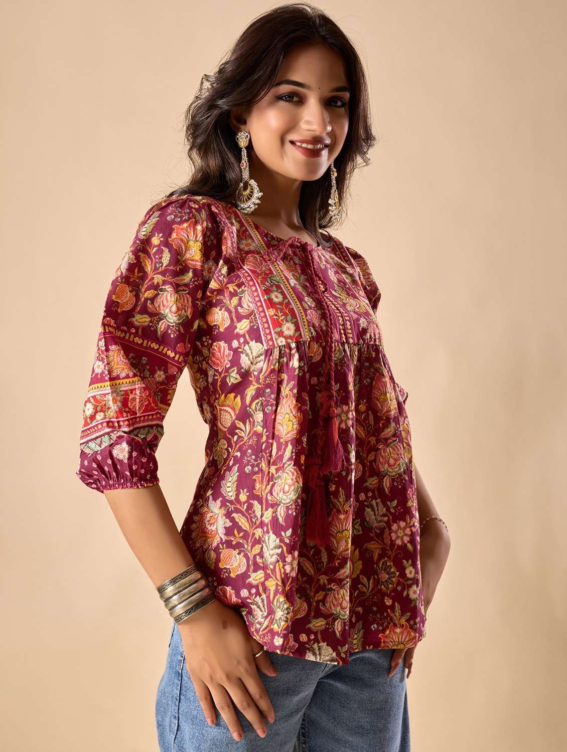 women floral printed three quarter sleeve ethnic top - 22071331 -  Standard Image - 2
