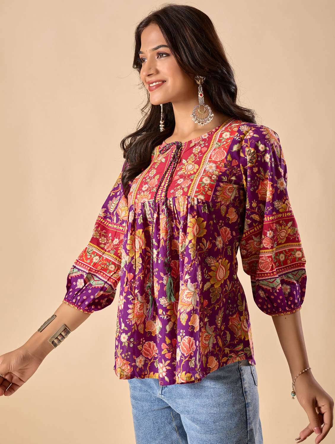 women floral printed three quarter sleeve ethnic top - 22071332 -  Standard Image - 2