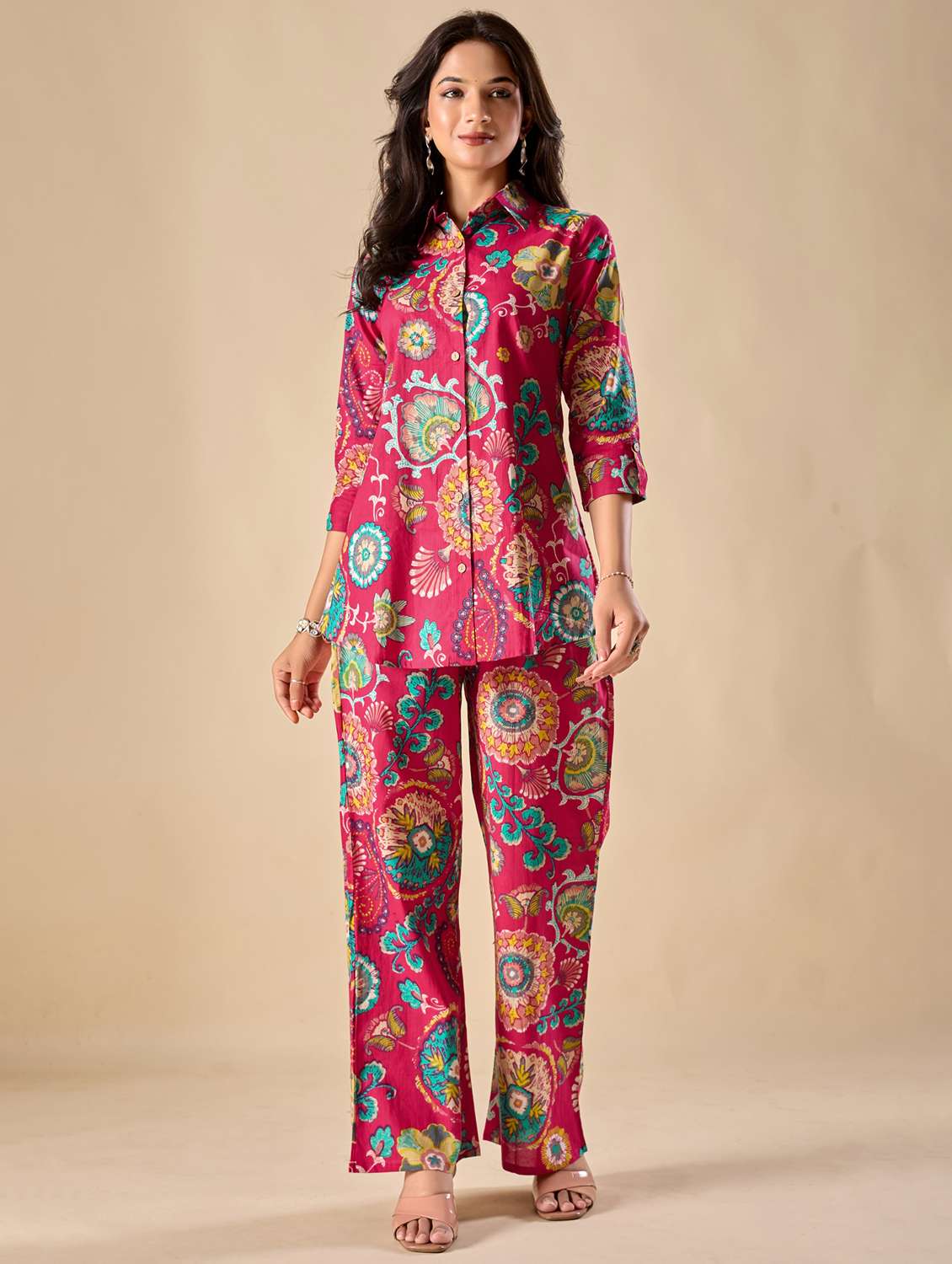 women floral three quarter sleeve ethnic co-ord set - 22071336 - Standard Image - 2