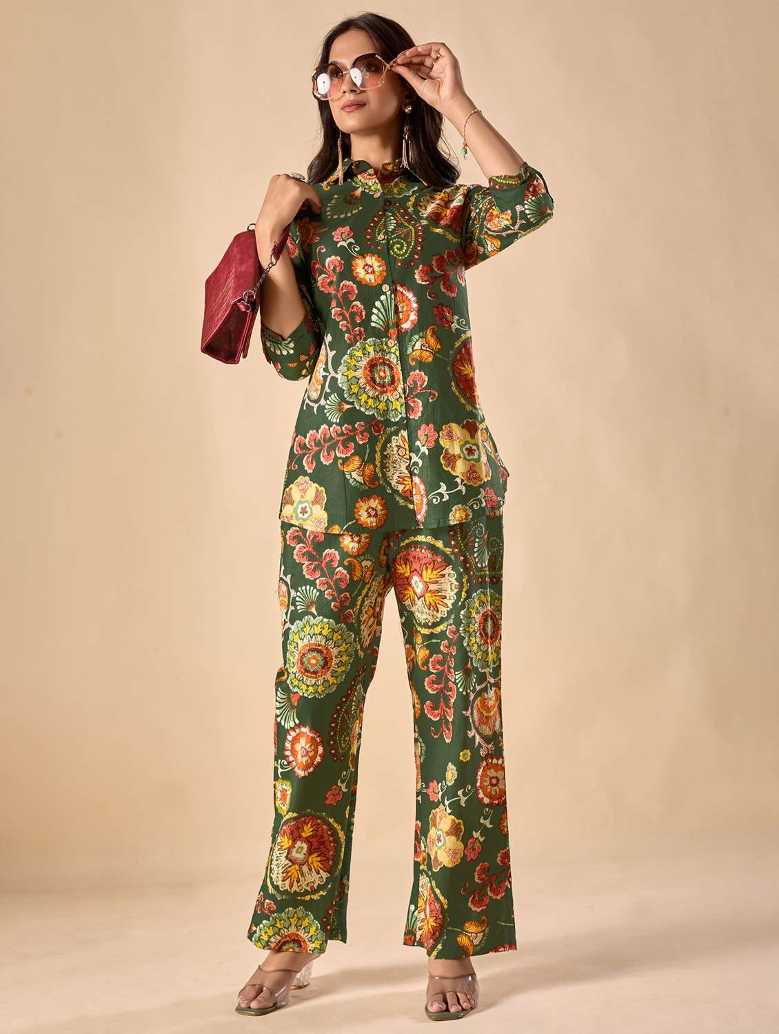 women floral three quarter sleeve ethnic co-ord set