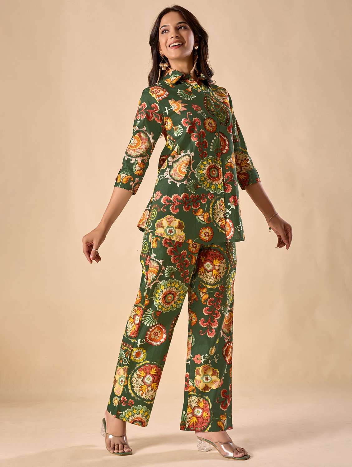 women floral three quarter sleeve ethnic co-ord set - 22071337 - Standard Image - 2