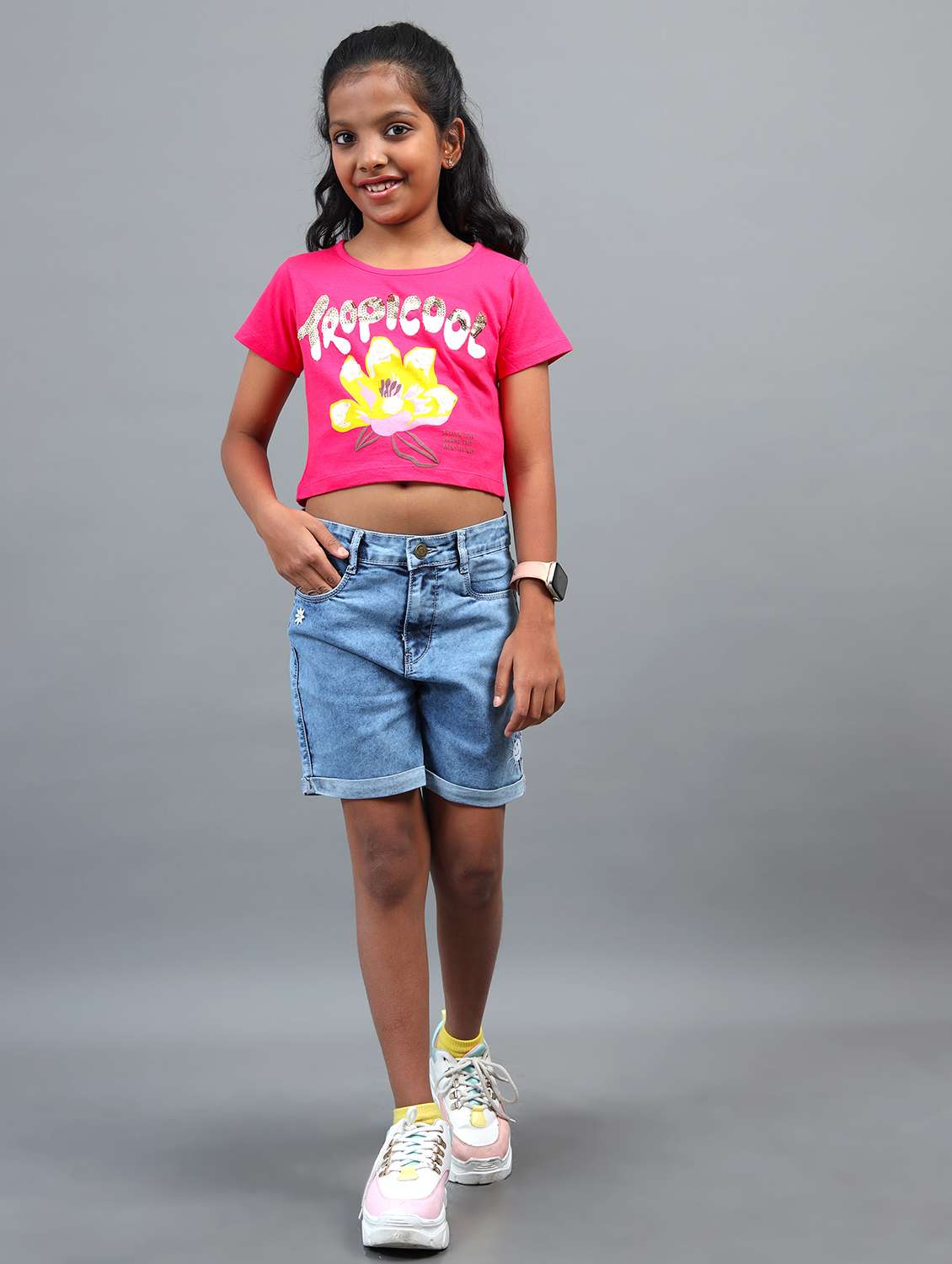 girls solid mid rise denim shorts - 22071353 -  Standard Image - 2