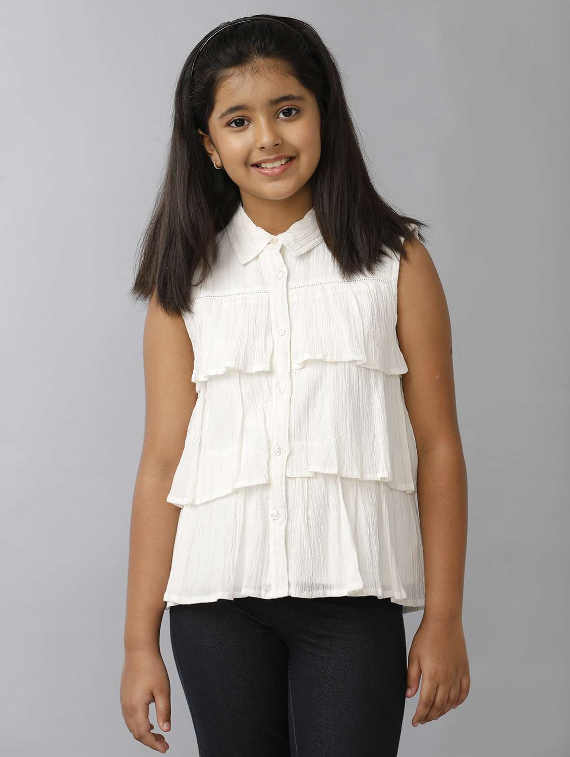 girls white solid collared sleeveless top - 22071409 -  Standard Image - 2
