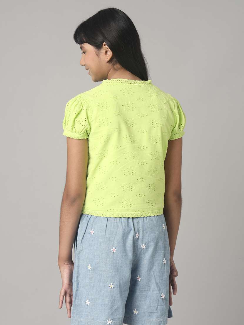 girls solid puff sleeve schiffli top - 22071456 - Standard Image - 2