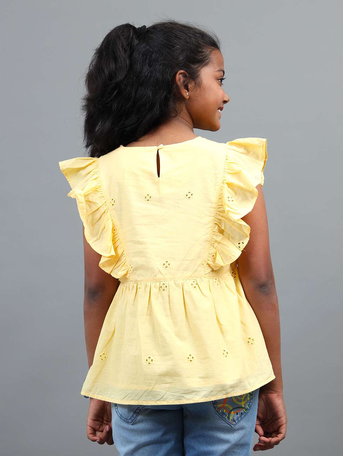 girls solid round neck schiffli top - 22071465 - Standard Image - 2
