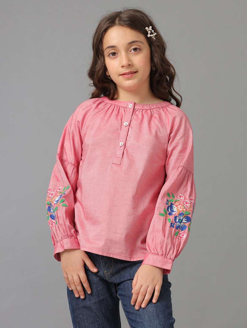 girls embroidered puff sleeve top