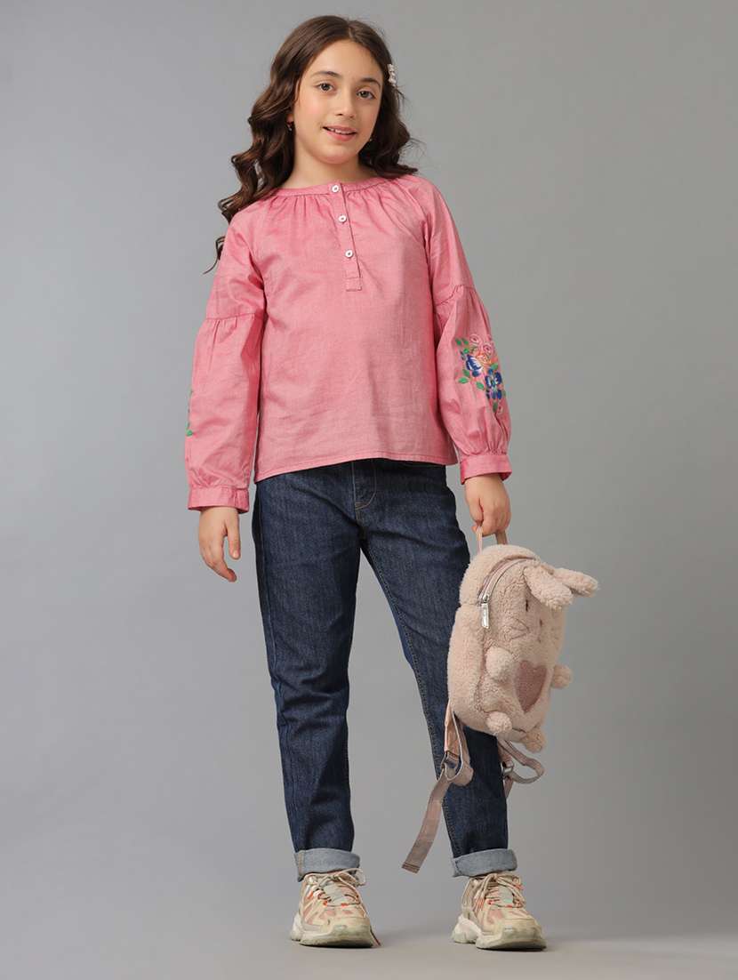 girls embroidered puff sleeve top - 22071475 - Standard Image - 2