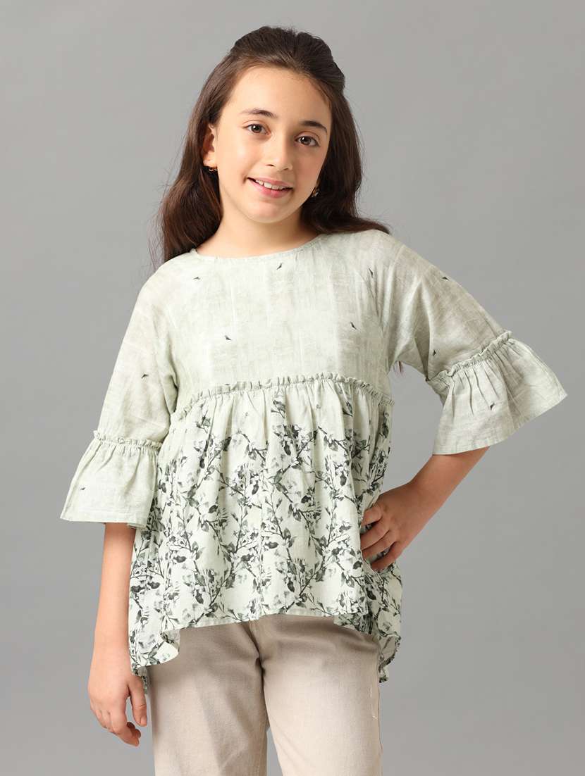 girls printed round neck bell sleeve top
