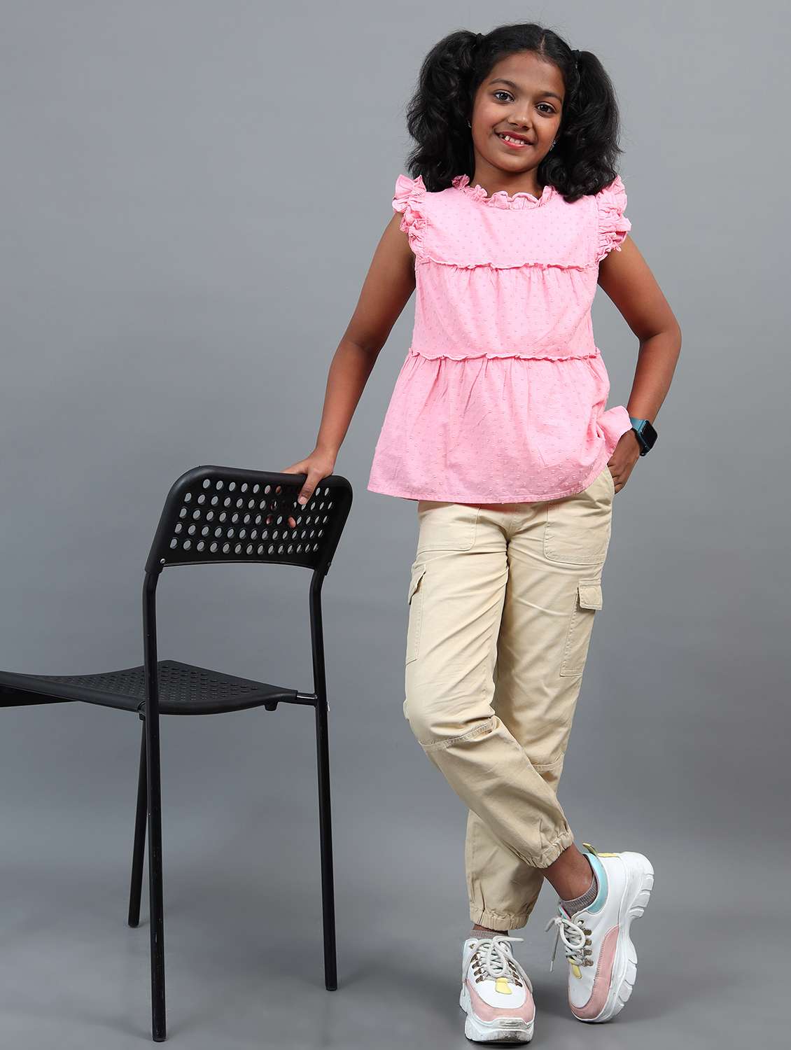 girls solid mid rise regular fit cargo - 22071494 - Standard Image - 2