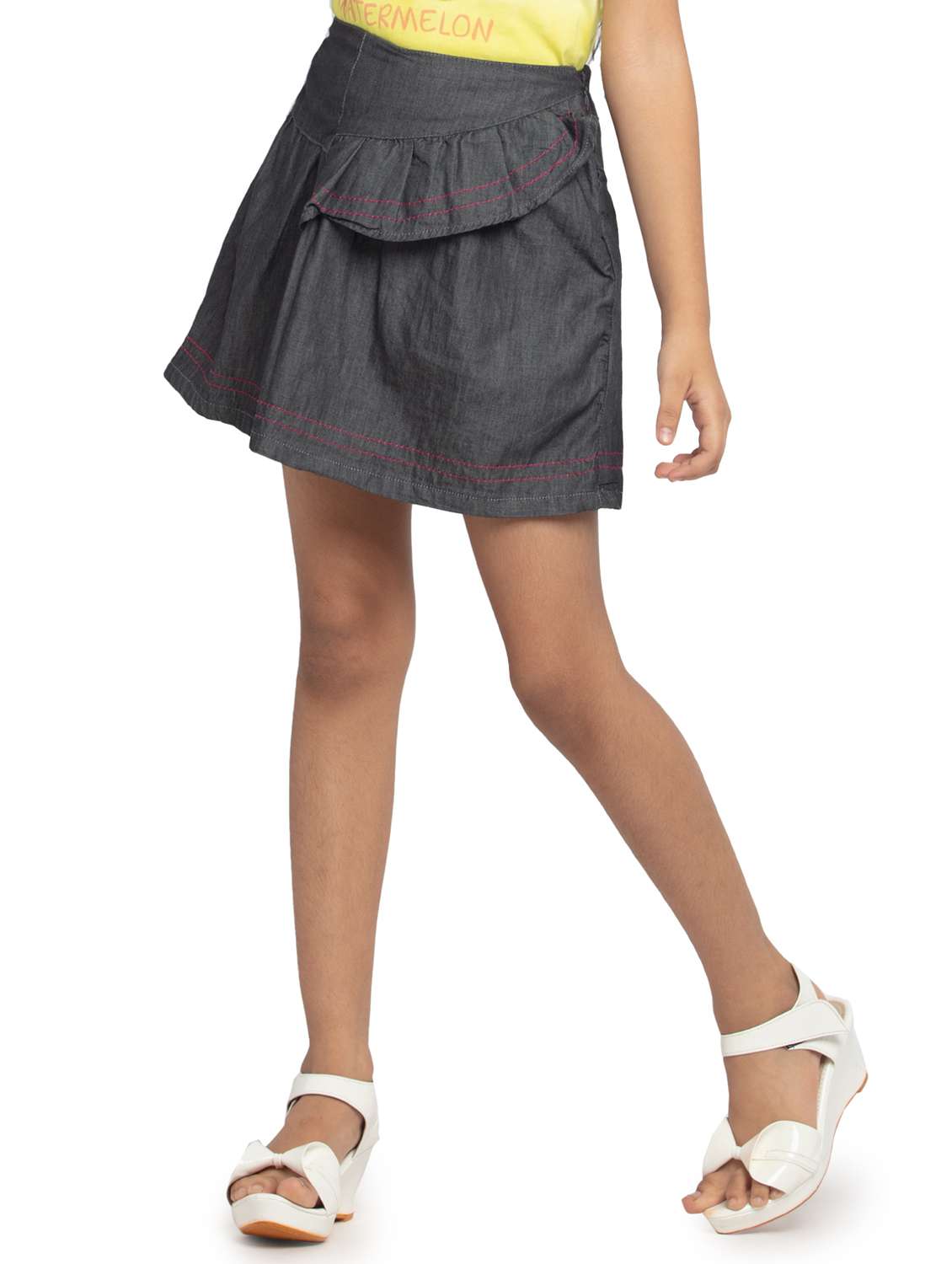 girls solid mid rise denim mini skirt