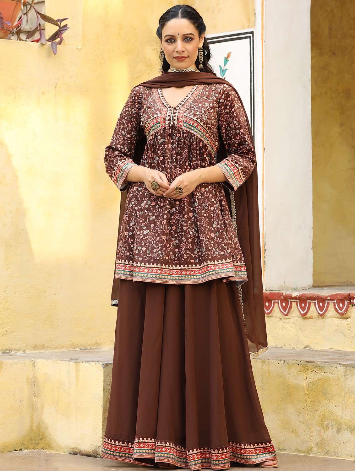 women printed three quarter sleeve kurta sharara with dupatta set