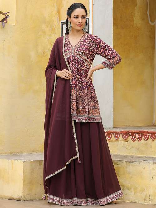 women printed three quarter sleeve kurta sharara with dupatta set - 22071533 -  Standard Image - 0
