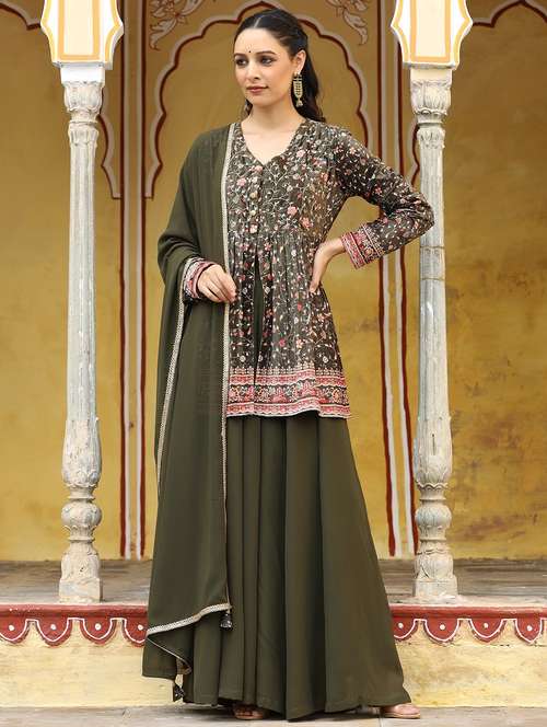 women printed long sleeve kurta sharara with dupatta set