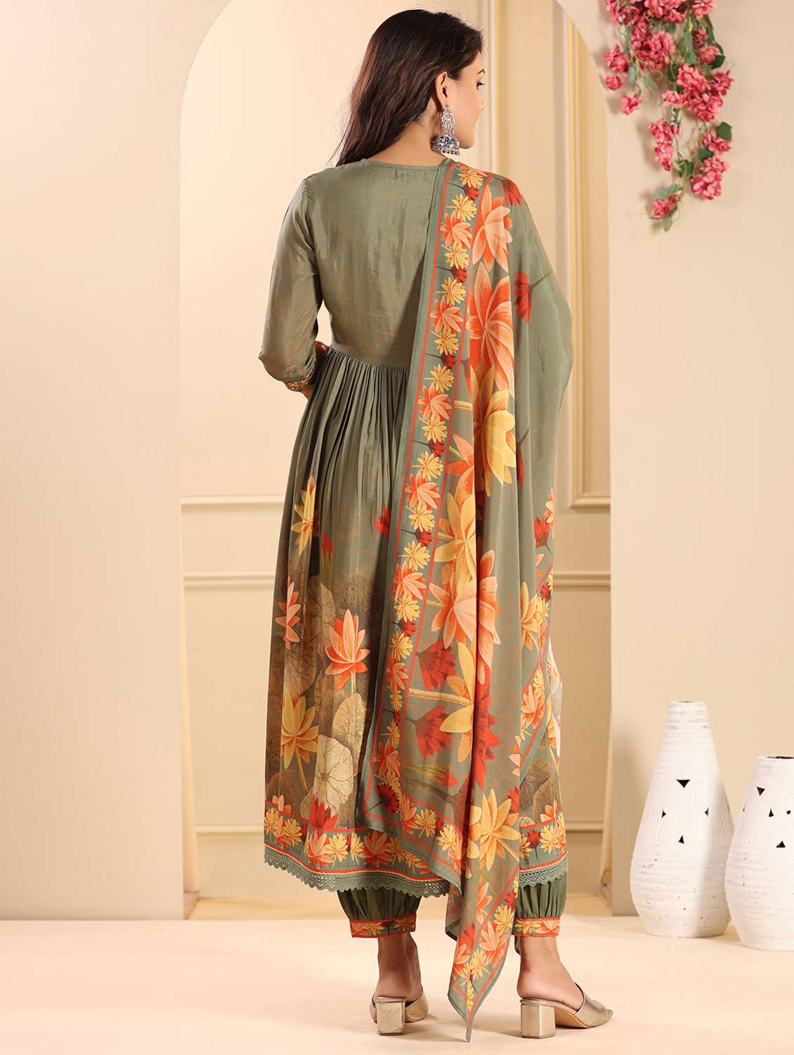 women printed three quarter sleeve kurta pant with dupatta set - 22071539 - Standard Image - 2