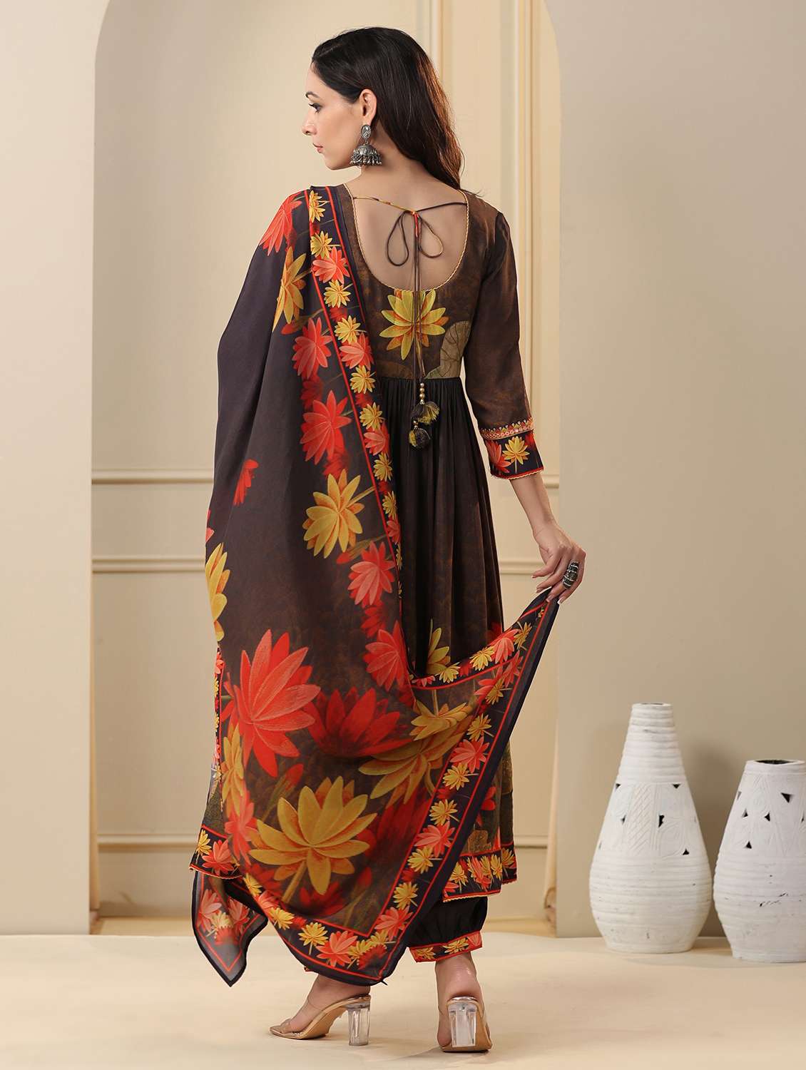 women printed three quarter sleeve kurta pant with dupatta set - 22071540 - Standard Image - 2