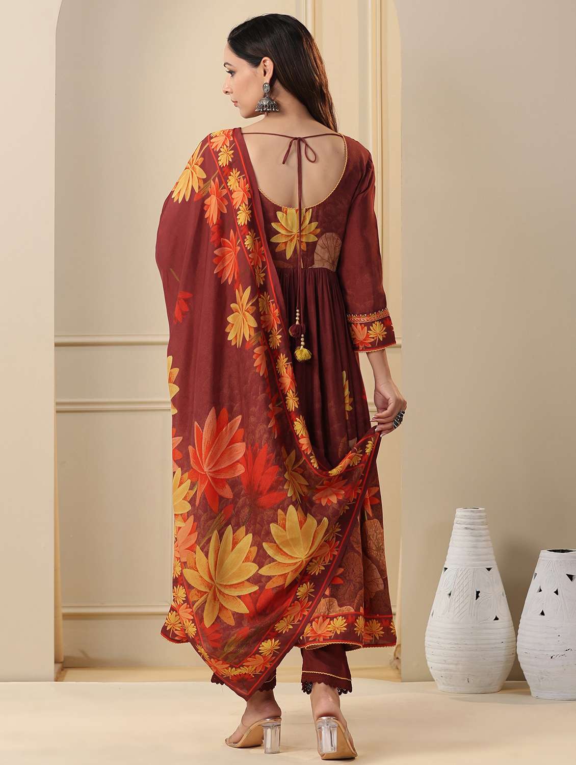 women printed three quarter sleeve kurta pant with dupatta set - 22071541 - Standard Image - 2