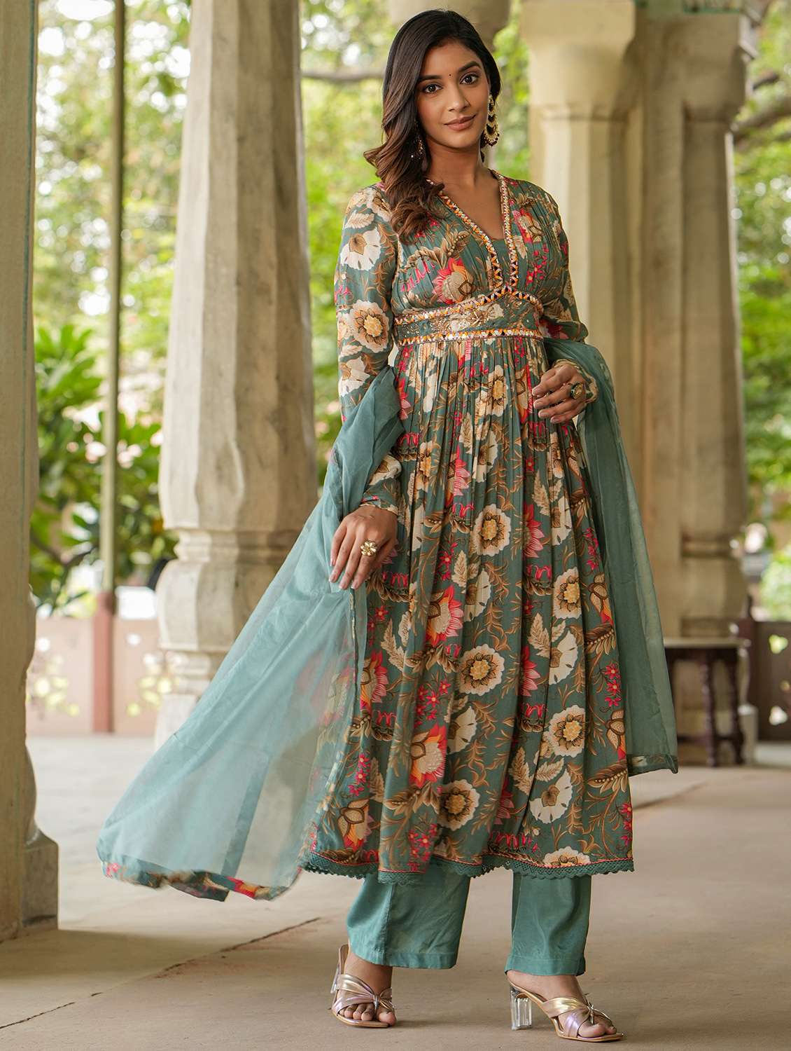 women long sleeve anarkali kurta pant with dupatta set - 22071553 - Standard Image - 2