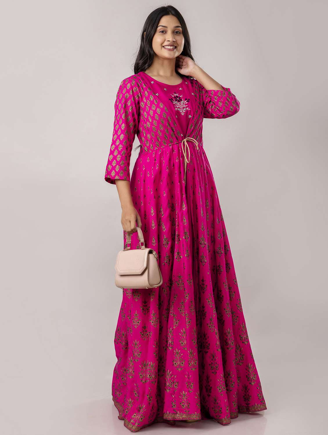 women printed three quarter sleeve ethnic dress - 22071554 - Standard Image - 2